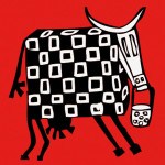Musée dessin d'enfant de vache carrée sur fond rouge