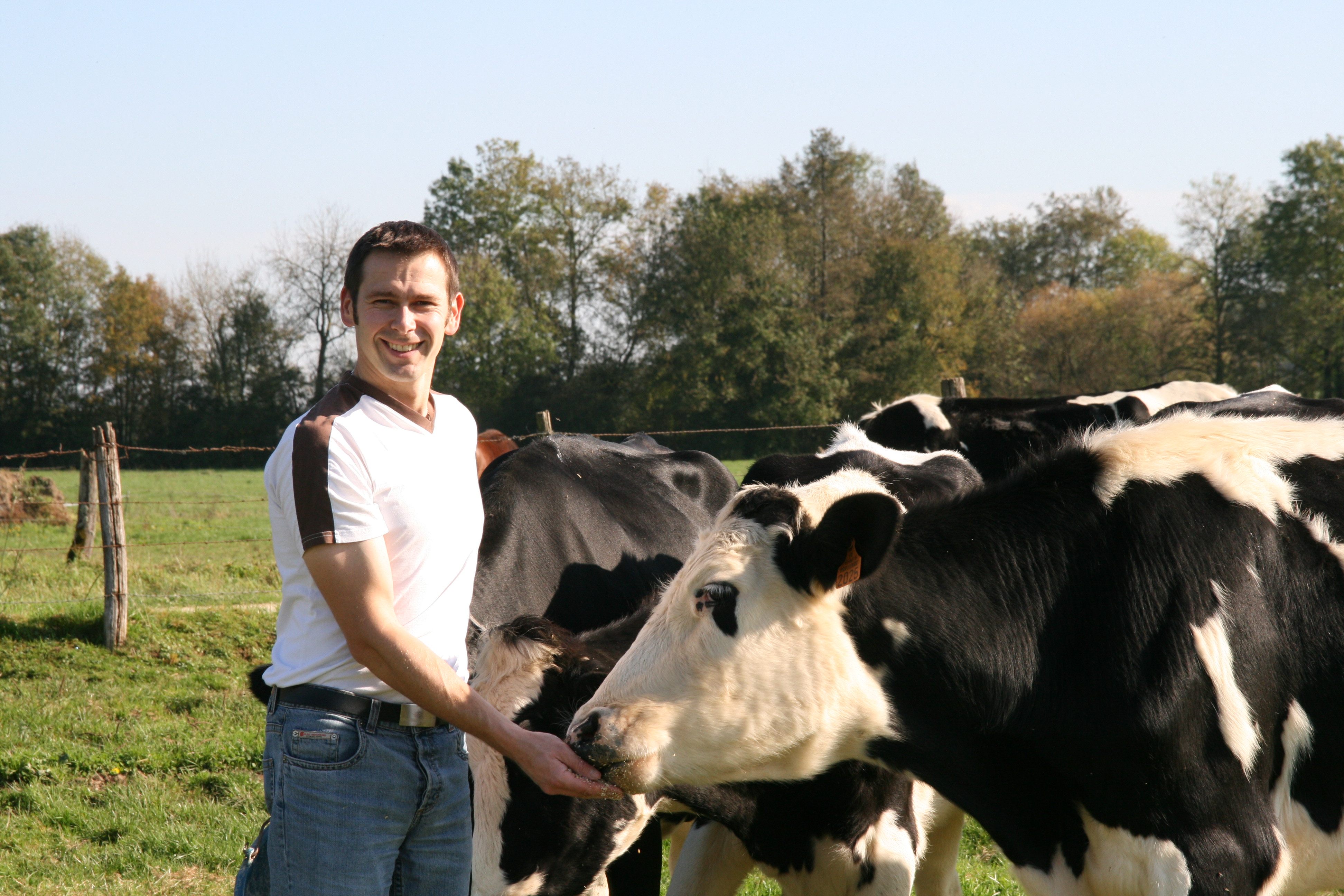 Jeune éleveur souriant proche des vaches Prim'Holstein dans les prés, champs, prairies